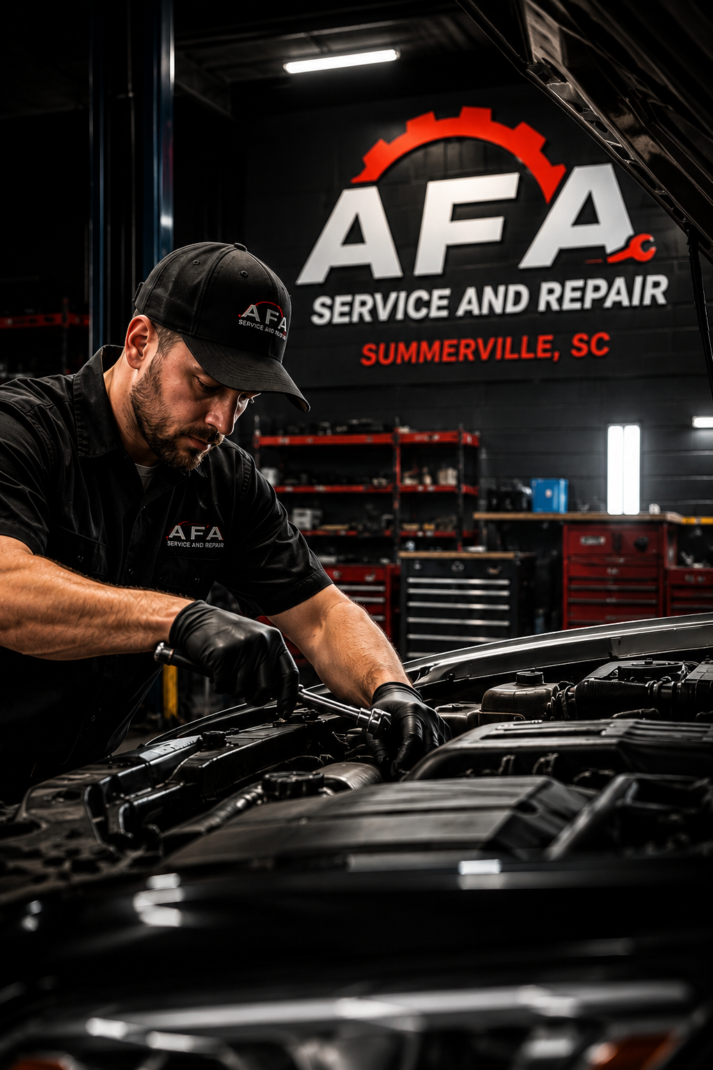 Mechanic in AFA uniform working under the hood of a car in a shop with 'AFA Service and Repair' signage in the background, Summersville, SC.